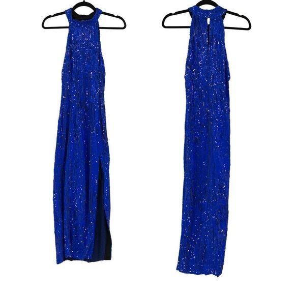 Zara Blue Sequin Sleeveless Halter Keyhole Slit Bodycon Party Midi Dress Medium - Picture 2 of 11
